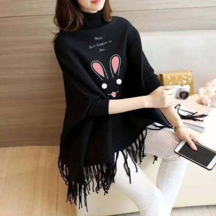 Rabbit Women's Bat-Wing Style Printed Fleece Poncho