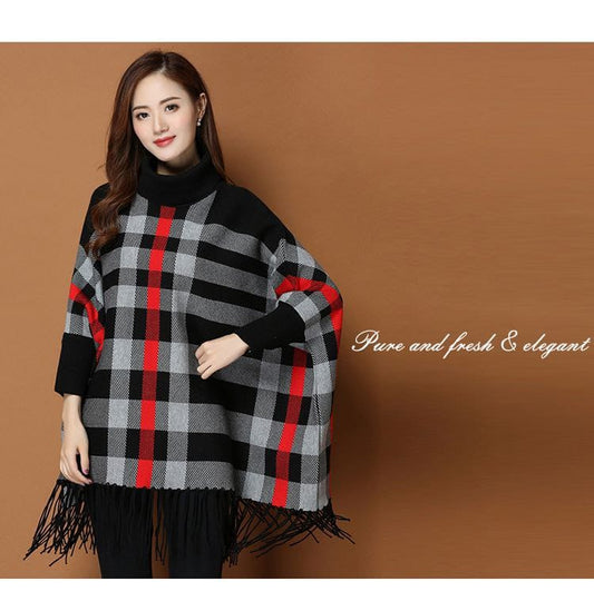 Black New Women's Checkered Bat-Wing Style Printed Fleece Poncho