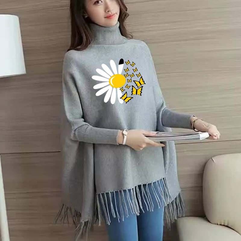 Sunflower Butterfly Women's Bat-Wing Style Printed Fleece Winter Poncho