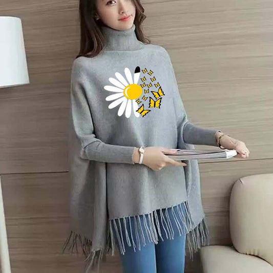 Sunflower Butterfly Women's Bat-Wing Style Printed Fleece Winter Poncho