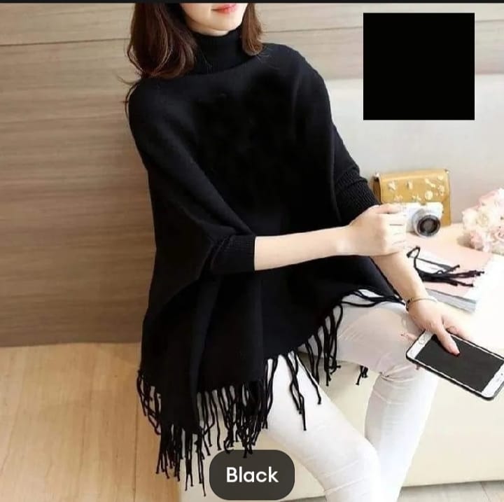 Grey Plain Women's Bat-Wing Style Fleece Winter Poncho