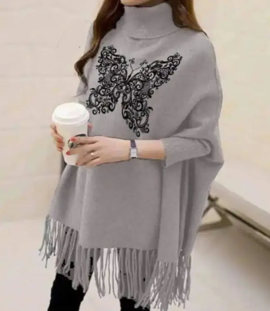 Butterfly Women's Bat-Wing Style Printed Fleece Poncho