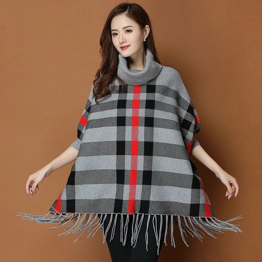 Grey New Women's Checkered Bat-Wing Style Printed Fleece Poncho