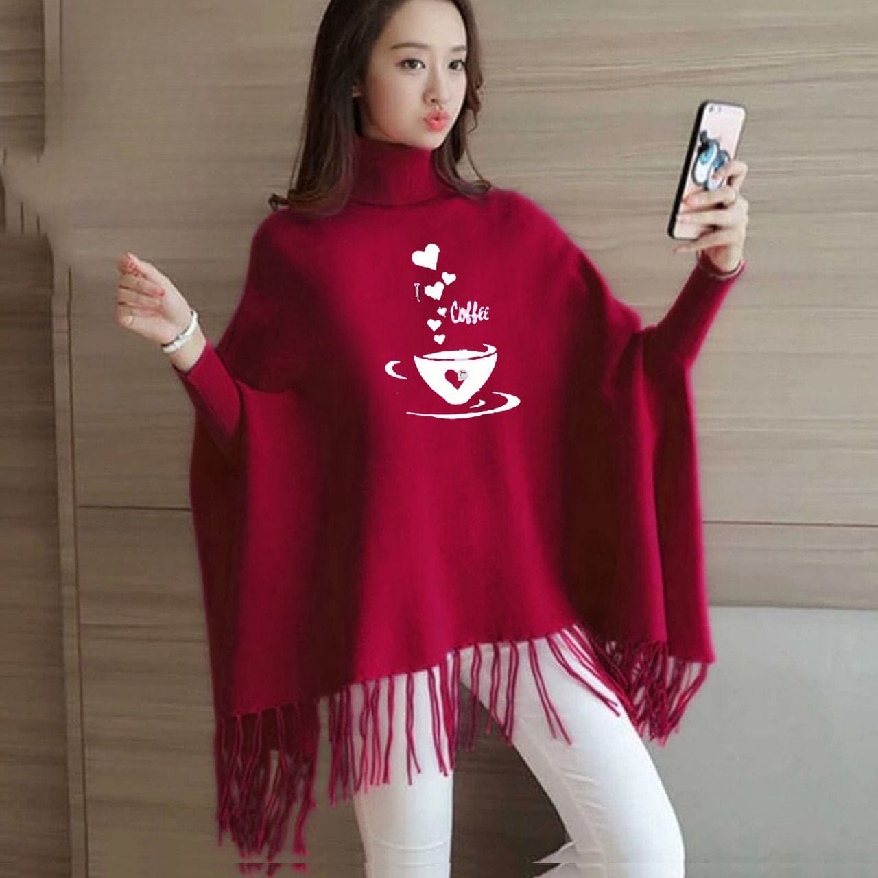 Coffee Printed Winter Fleece Capshawl for Women