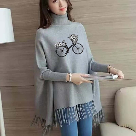 Cycle Flower Bunch Women's Bat-Wing Style Printed Fleece Winter Poncho