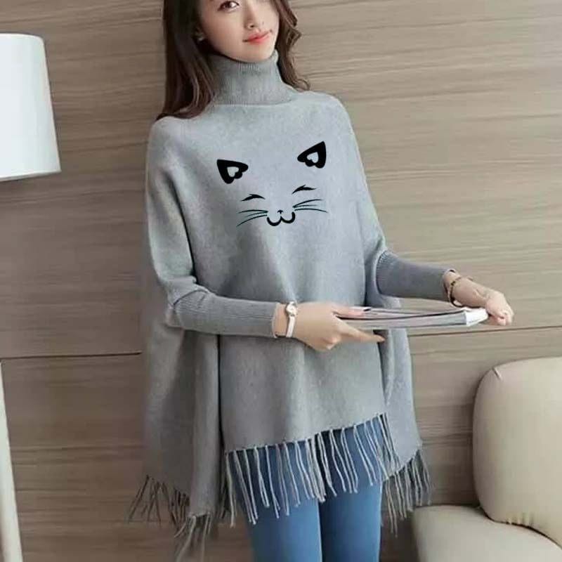 Meow Women's Bat-Wing Style Printed Fleece Winter Poncho (OM-810)