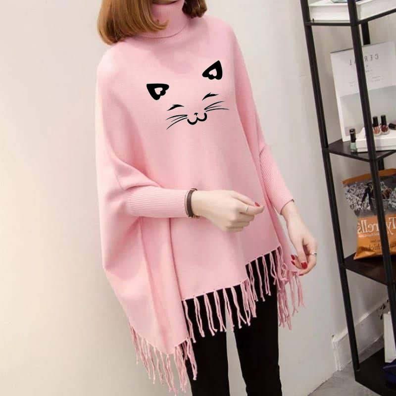 Meow Women's Bat-Wing Style Printed Fleece Winter Poncho (OM-810)