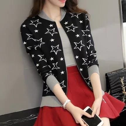 Black Women's Star Printed Zipper Double Fleece Jacket
