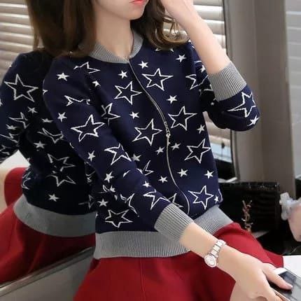 Dark Blue Women's Star Printed Zipper Double Fleece Jacket