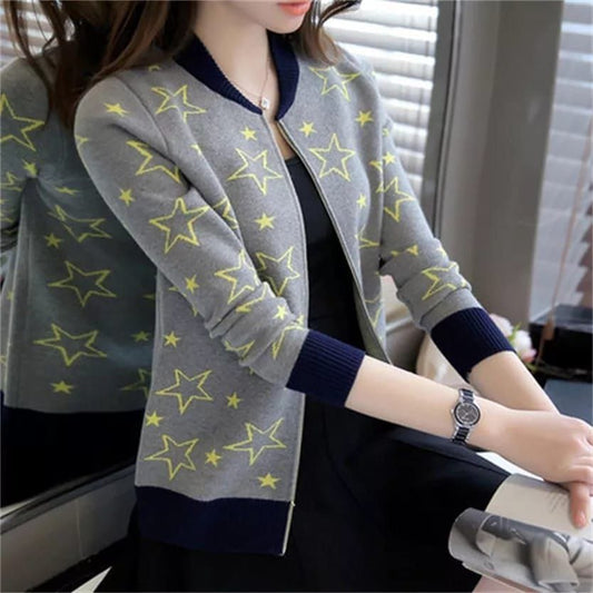 Grey Women's Star Printed Zipper Double Fleece Jacket