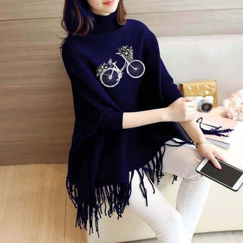 Cycle Flower Bunch Women's Bat-Wing Style Printed Fleece Winter Poncho