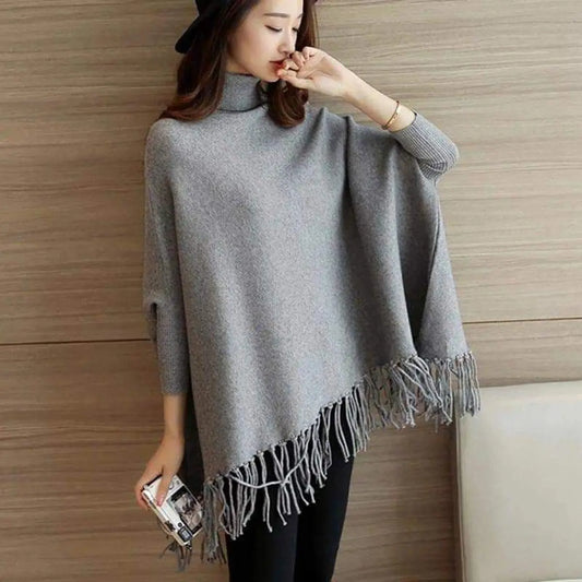 Grey Plain Women's Bat-Wing Style Fleece Winter Poncho