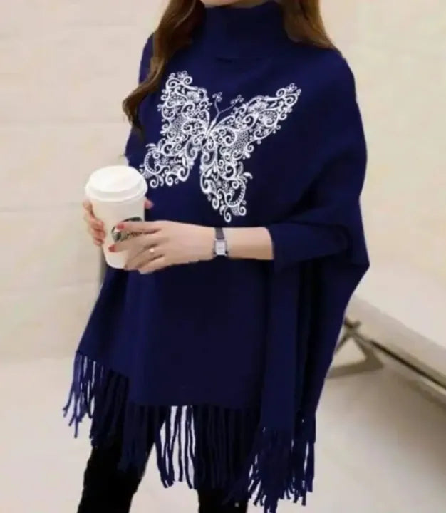 Butterfly Women's Bat-Wing Style Printed Fleece Poncho