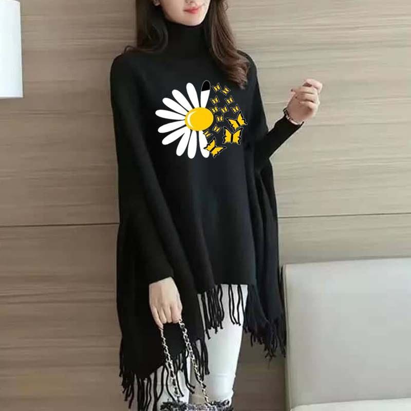 Sunflower Butterfly Women's Bat-Wing Style Printed Fleece Winter Poncho