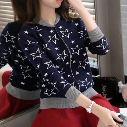 Dark Blue Women's Star Printed Zipper Double Fleece Jacket