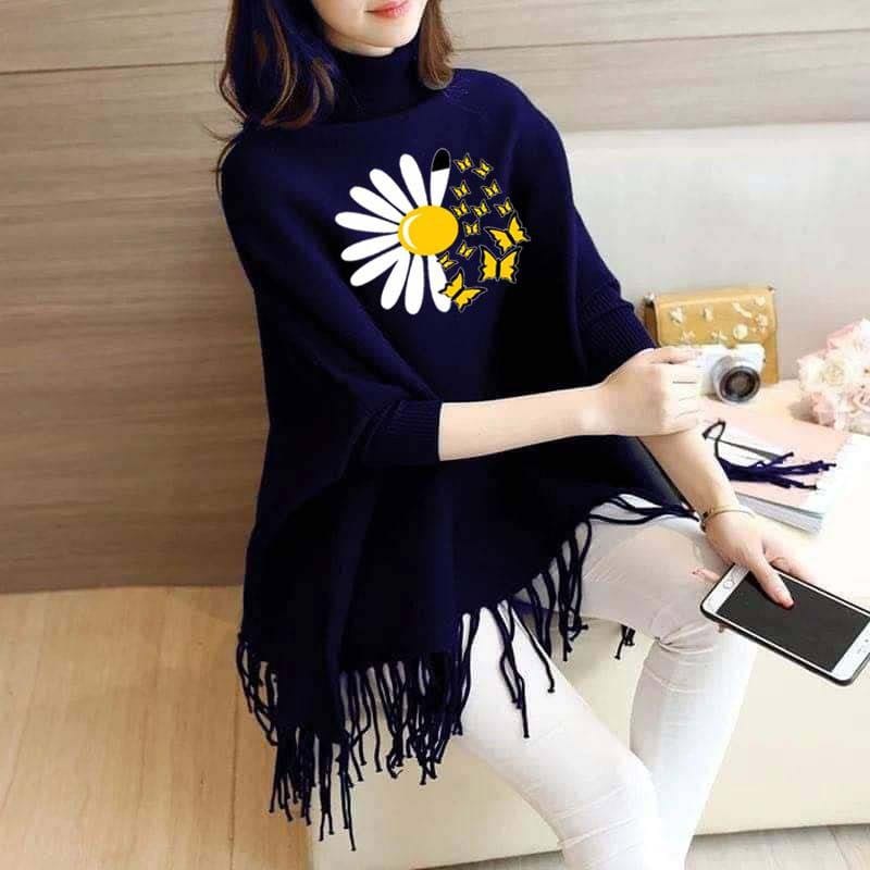 Sunflower Butterfly Women's Bat-Wing Style Printed Fleece Winter Poncho